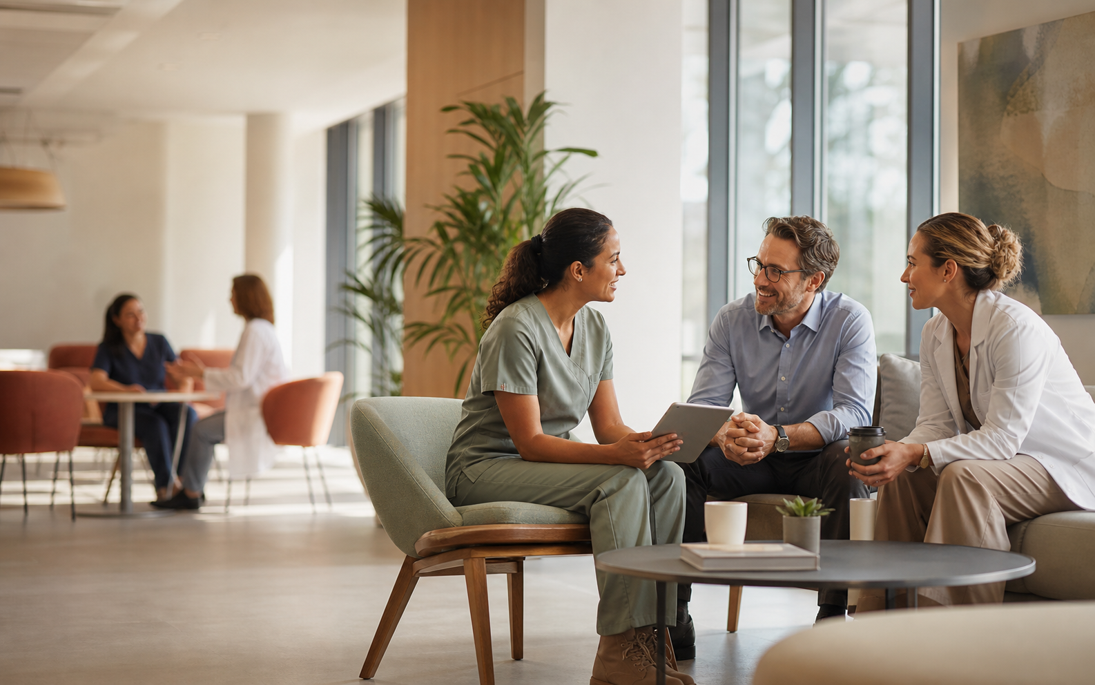 Healthcare providers building referral relationships together in a professional workspace